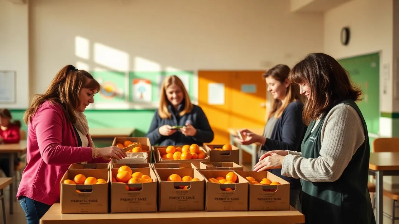 Parents bénévoles d'une association de parents d'élèves préparant des caisses d'agrumes dans une école