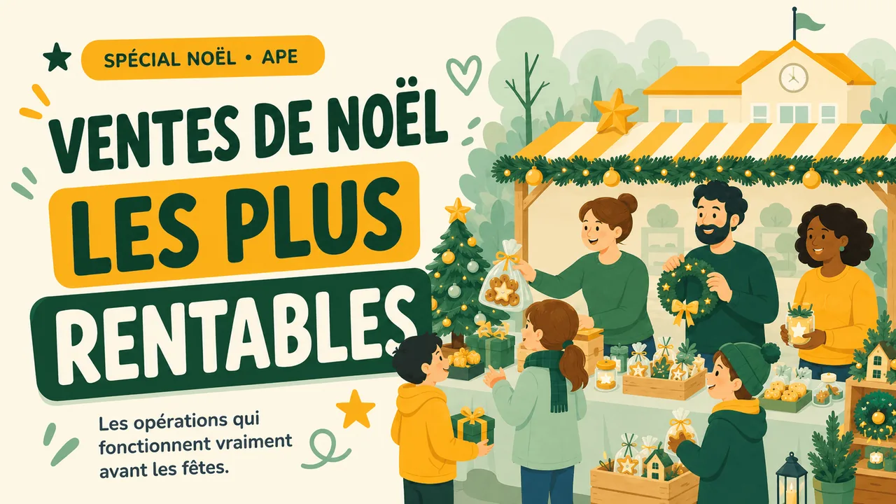 Vente de Noël d'une APE devant une école : stand décoré, parents et enfants avec des paniers de produits