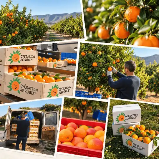 Vergers d'orangers, cueillette à la main et caisses Opération Agrumes prêtes pour les ventes groupées d'associations