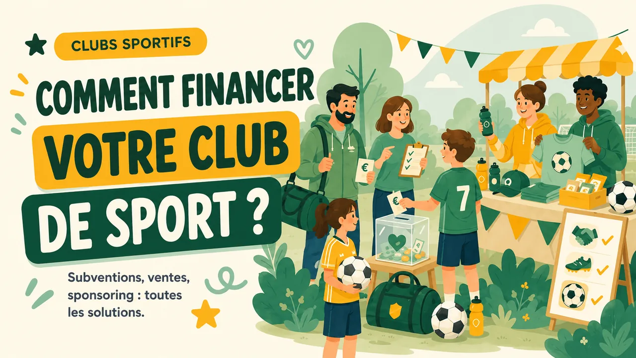 Illustration d'un club sportif finançant sa saison avec une vente groupée : parents, joueurs et stand de vente