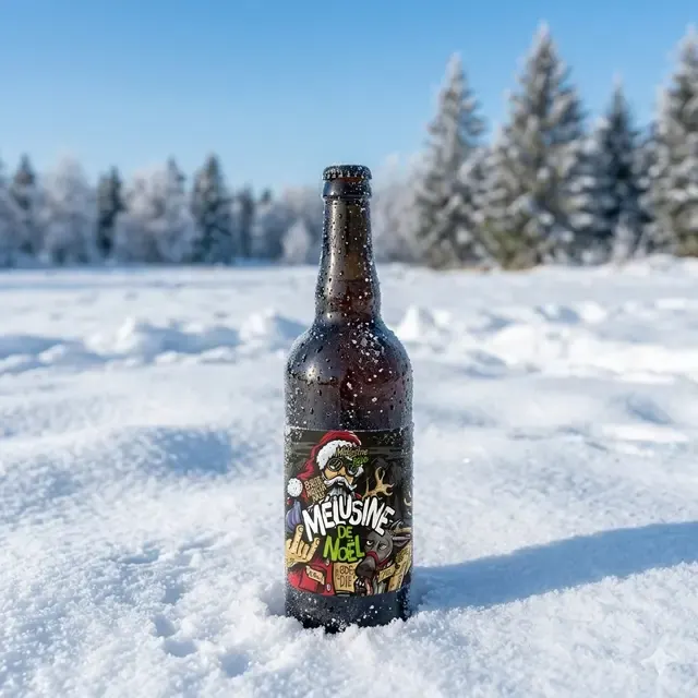 Bouteille de Mélusine de Noël, bière ambrée de 75 cl, posée dans la neige