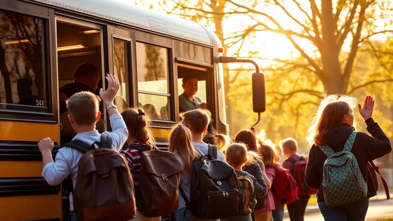 Élèves montant dans un car pour un voyage scolaire au lever du jour