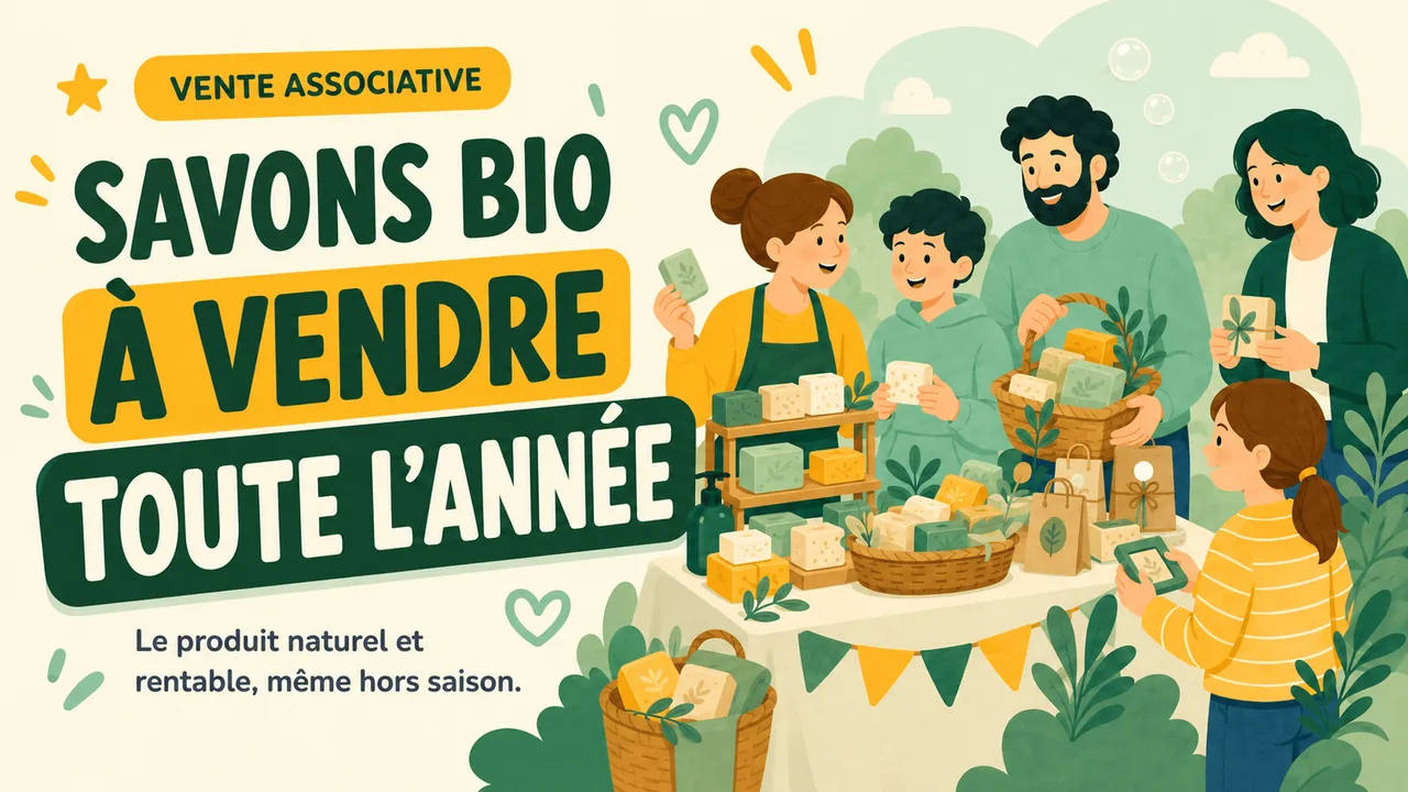 Stand de vente associative de savons bio : paniers de savons naturels et bénévoles avec des familles