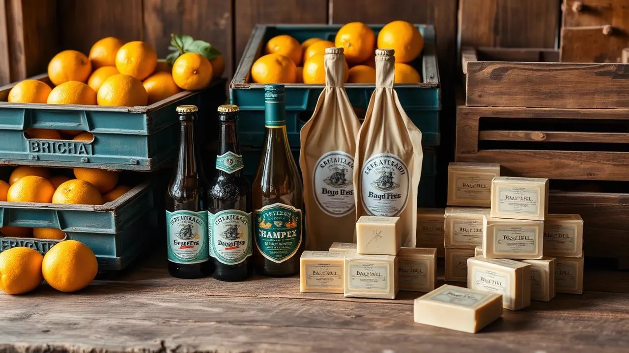 Caisses d'agrumes, bouteilles de bière artisanale et savons bio sur une table en bois