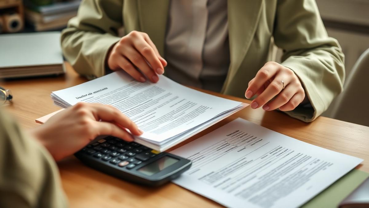 Trésorière d'association vérifiant les documents comptables et fiscaux d'une vente sur un bureau