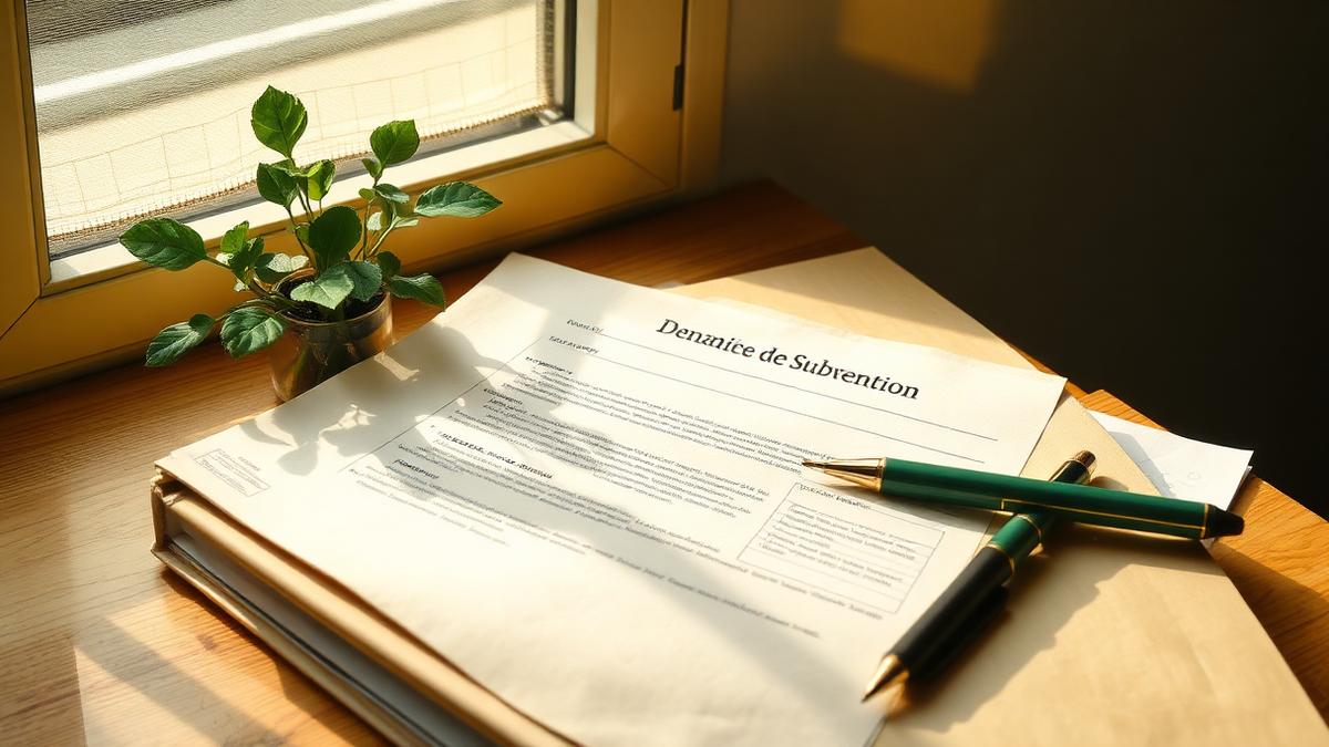 Dossier de demande de subvention posé sur un bureau à côté d'un stylo et d'une plante verte