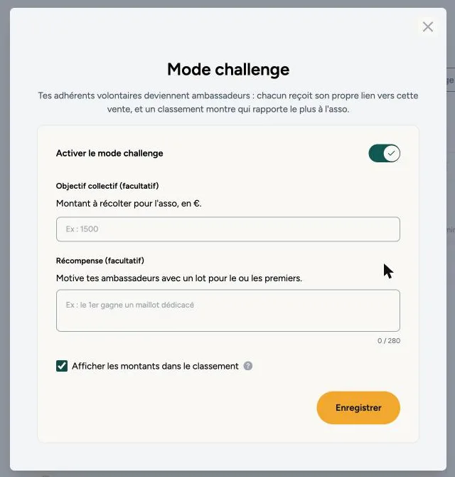 La fenêtre Mode challenge avec l'interrupteur activé, l'objectif collectif, la récompense et la case Afficher les montants dans le classement.