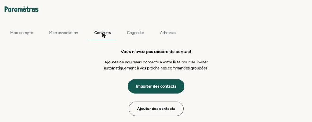 L'onglet Contacts vide, avec les boutons Importer des contacts et Ajouter des contacts.