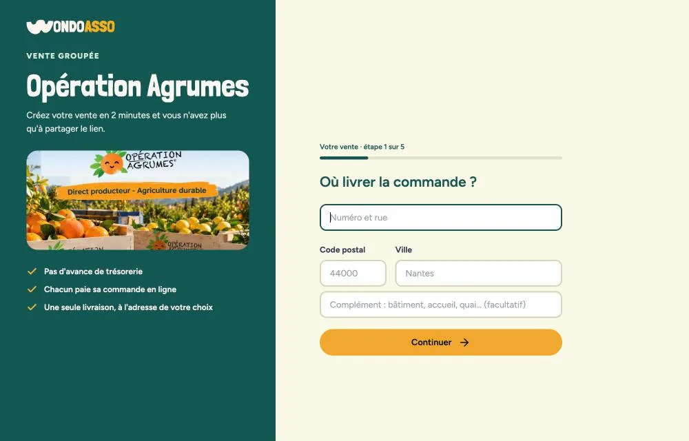 Étape 1 sur 5 : le formulaire Où livrer la commande, avec l'adresse, le code postal, la ville et un complément facultatif.