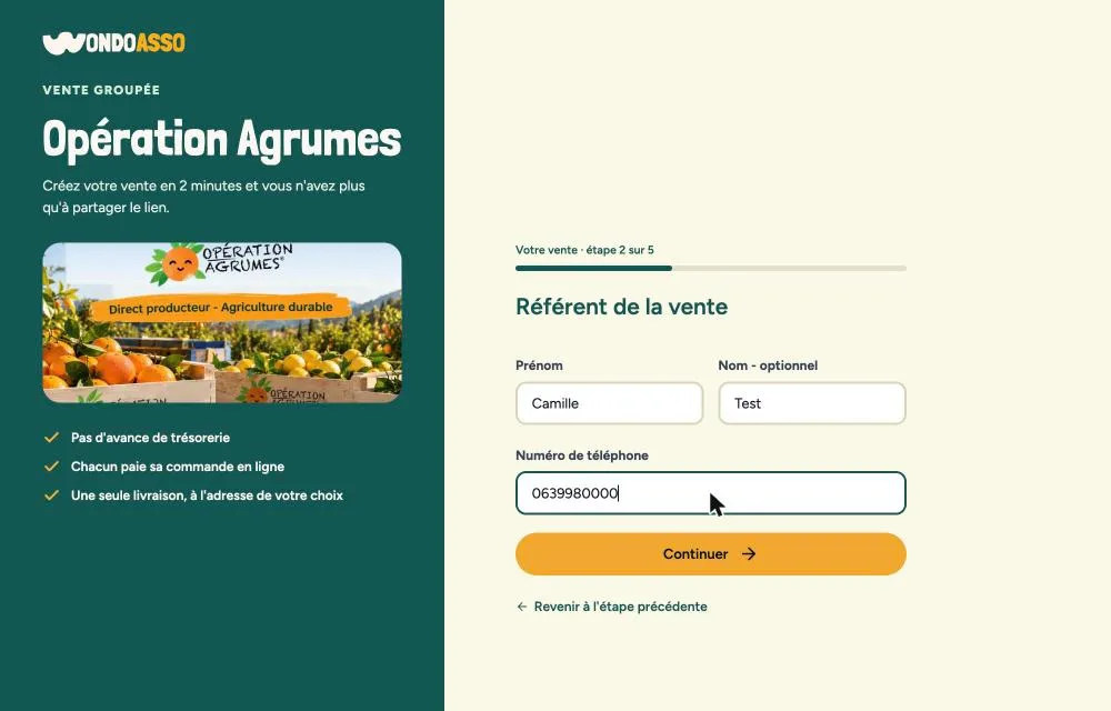 Étape 2 sur 5 : Référent de la vente, avec le prénom, le nom facultatif et le numéro de téléphone.