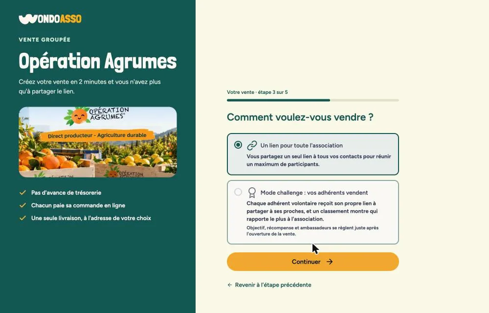 Étape 3 sur 5 : le choix entre un lien pour toute l'association et le mode challenge.