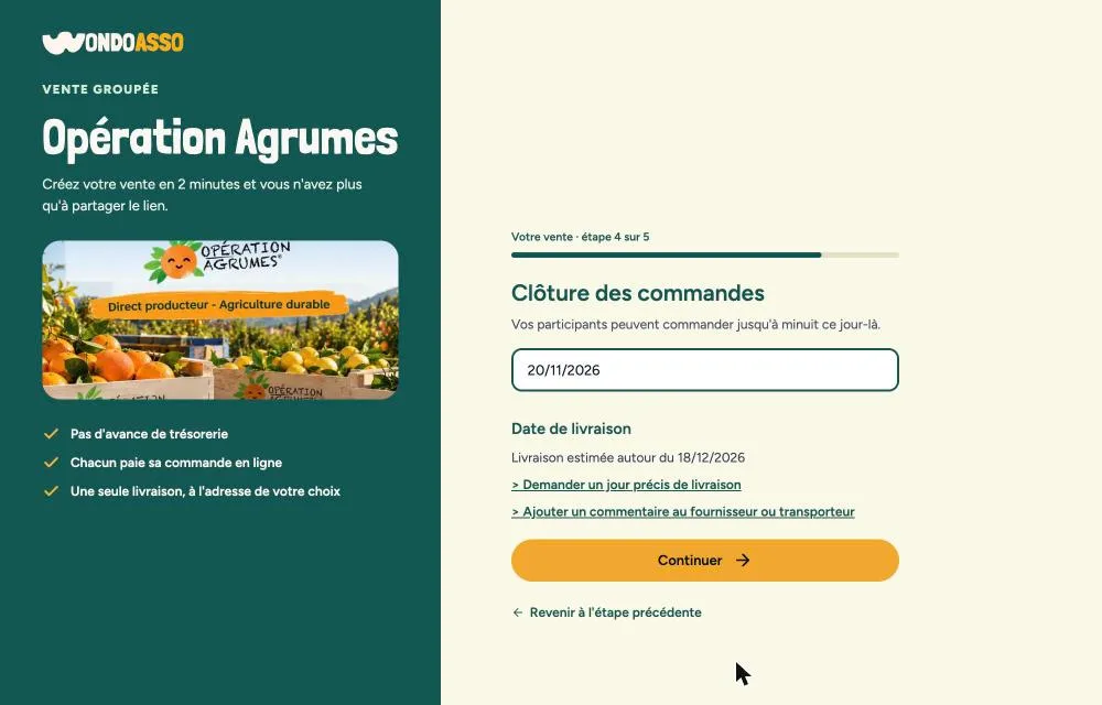 Étape 4 sur 5 : la date de clôture choisie et la date de livraison estimée qui s'affiche en dessous.