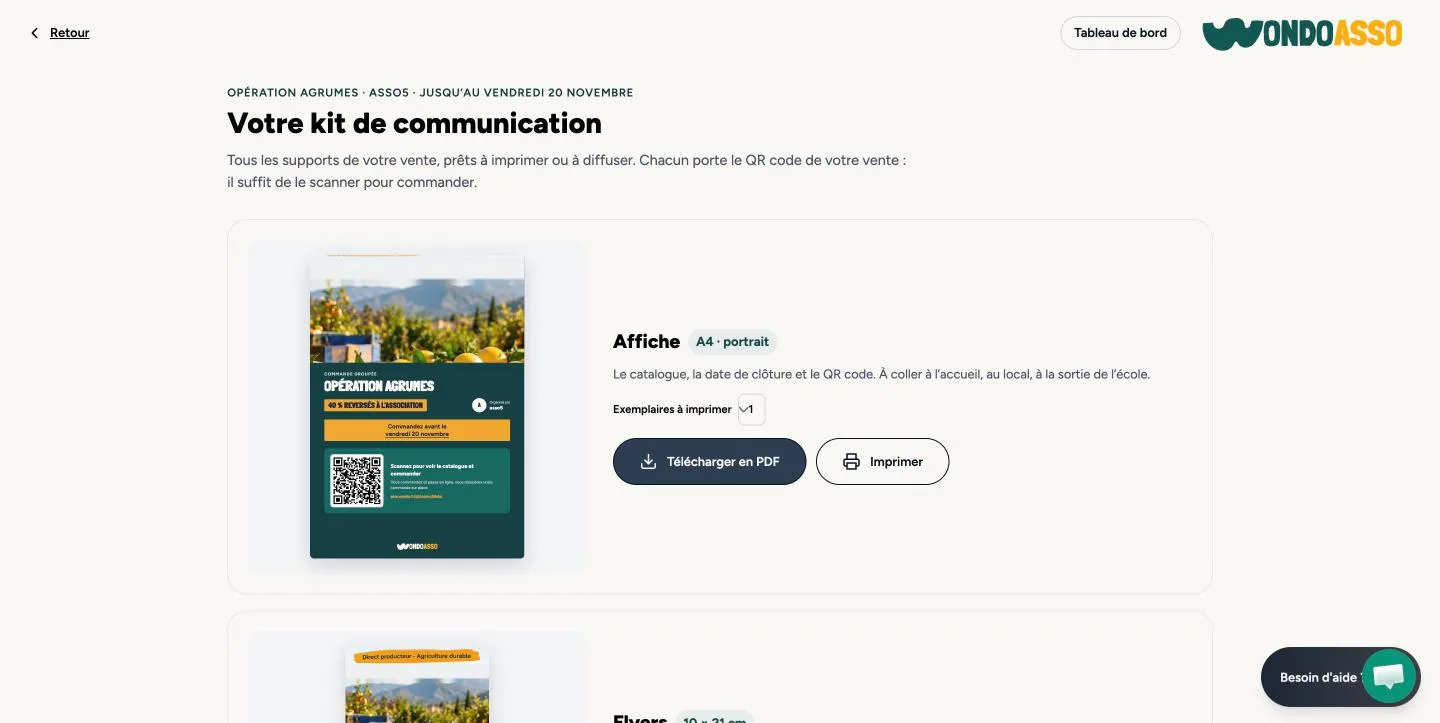 La page Votre kit de communication, avec l'aperçu de l'affiche A4 et les boutons Télécharger en PDF et Imprimer.
