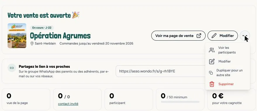 Le menu des actions de la vente : Voir les participants, Modifier, Dupliquer pour un autre site, Supprimer.