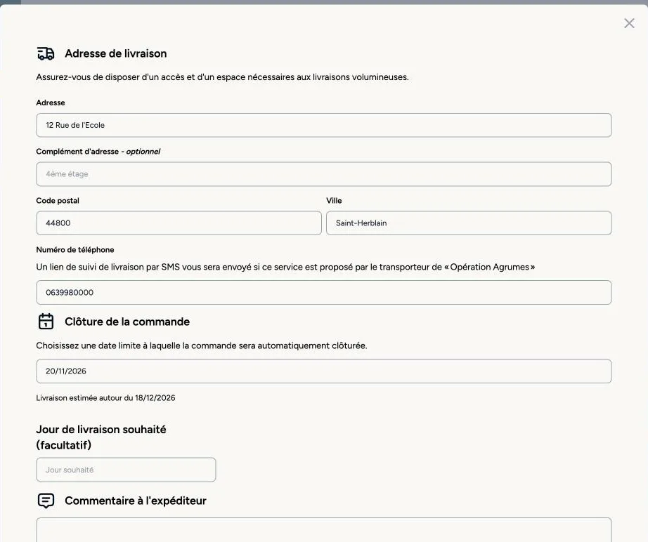 La fenêtre Modifier : adresse de livraison, téléphone, date de clôture, livraison estimée, jour de livraison souhaité et commentaire à l'expéditeur.