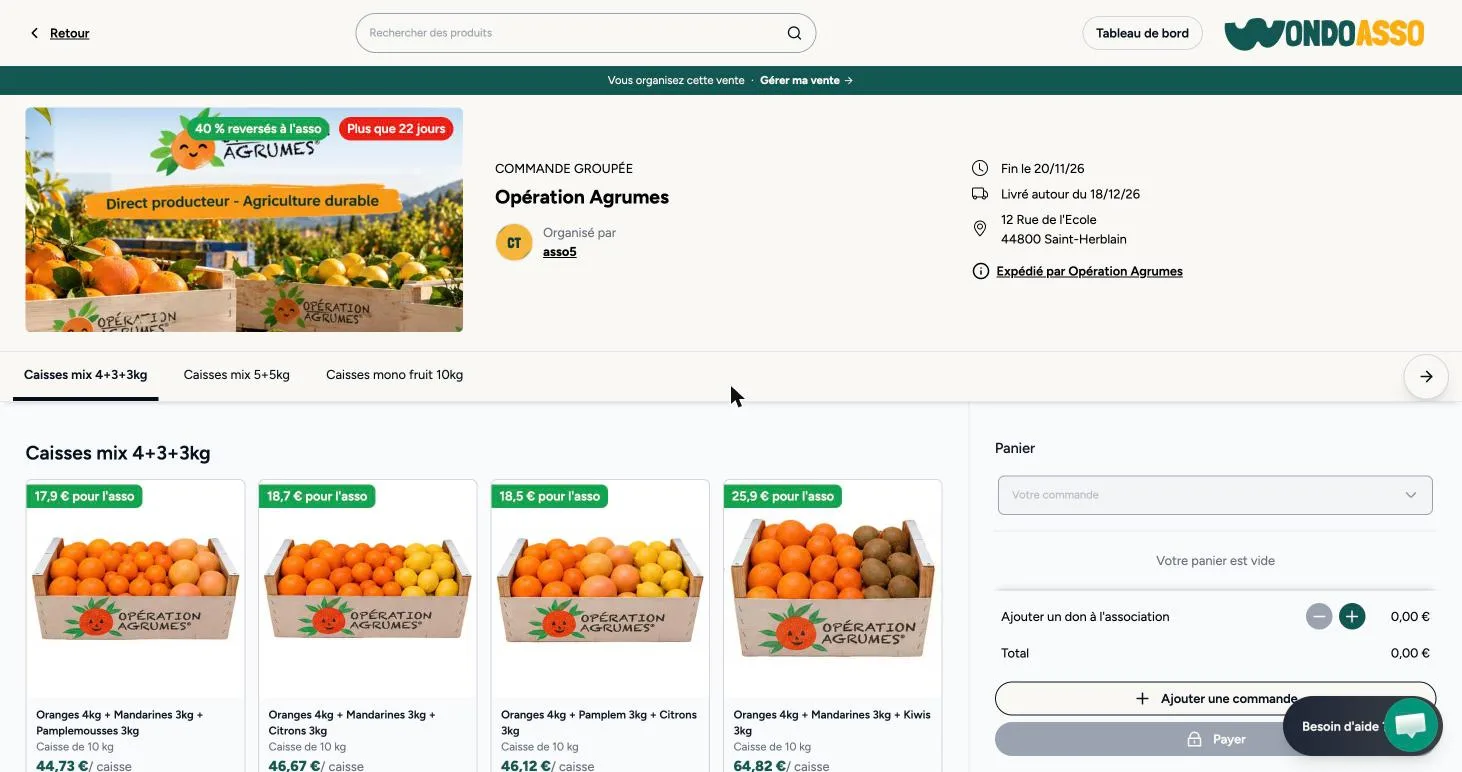 La page de vente vue par un participant : bandeau 40 % reversés à l'asso, jours restants, date de fin, livraison estimée, adresse de retrait, puis le catalogue et le panier.