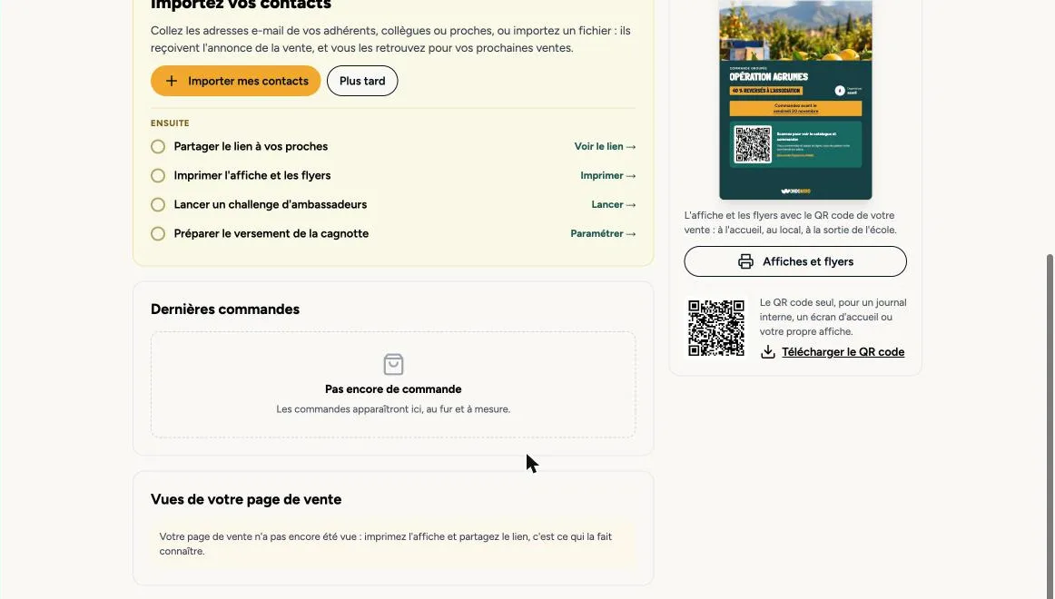 Le bas du tableau de bord : la liste des étapes, les dernières commandes et les vues de la page de vente.
