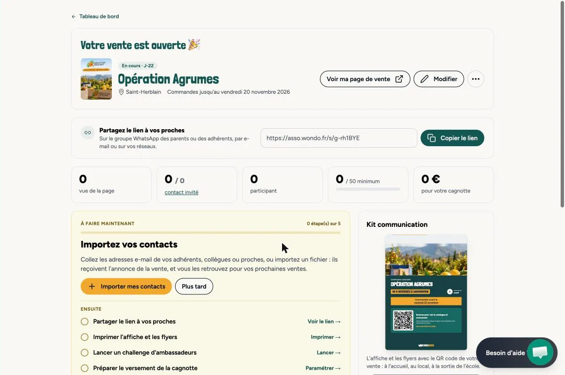 Le tableau de bord d'une vente : en tête la vente et ses dates, le lien à copier, cinq compteurs, la liste À faire maintenant et le kit communication.