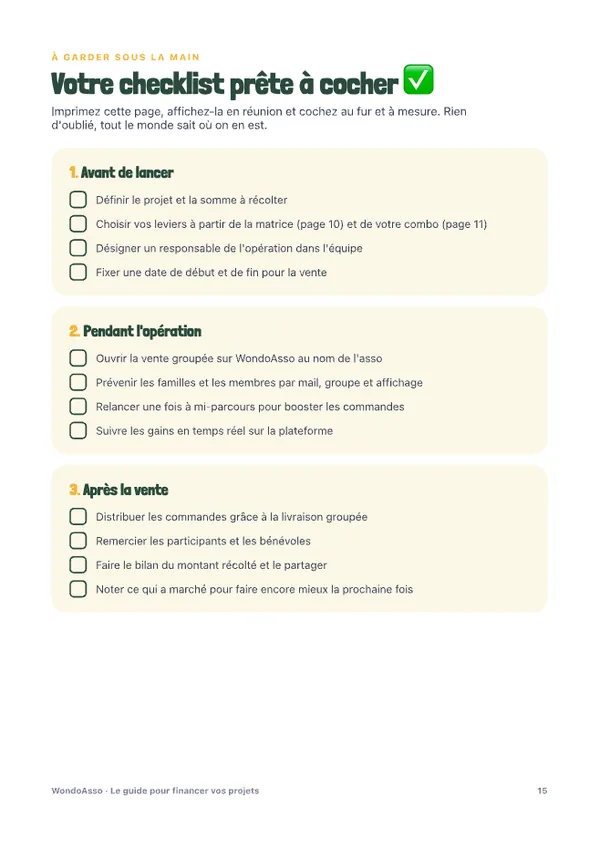 Page du guide : la checklist à cocher avant, pendant et après une vente groupée